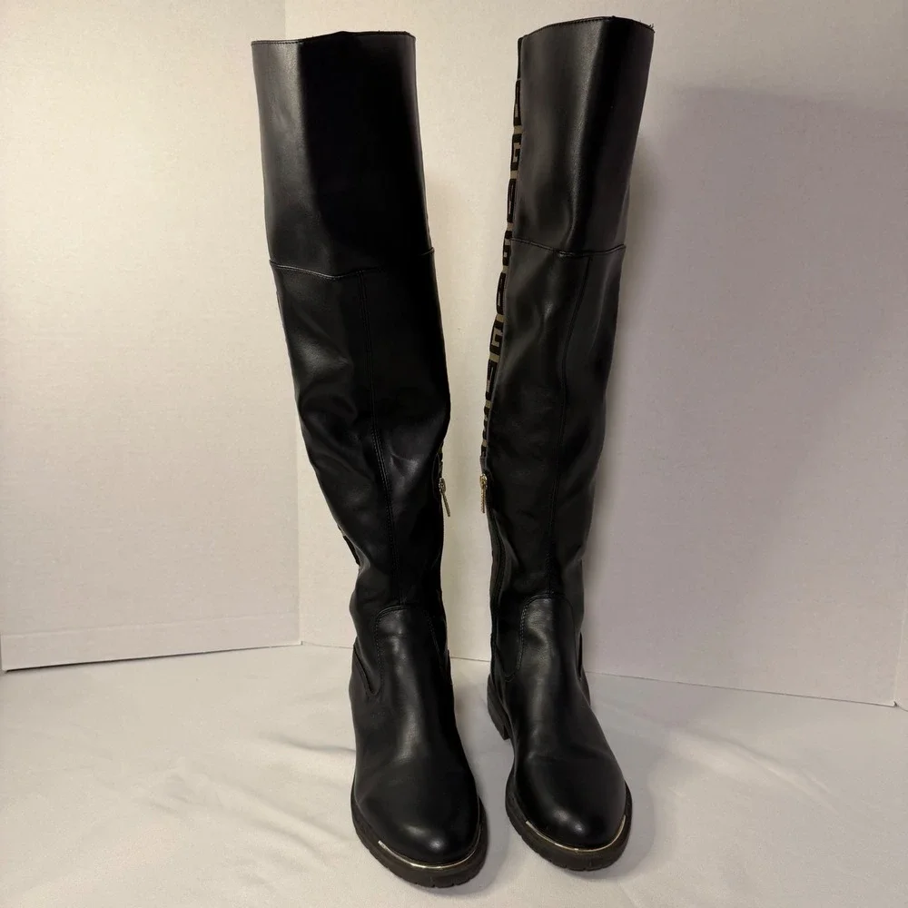 Guess Over The Knee Boots Womens Black Tan Monogram Knit Pull on/Zip